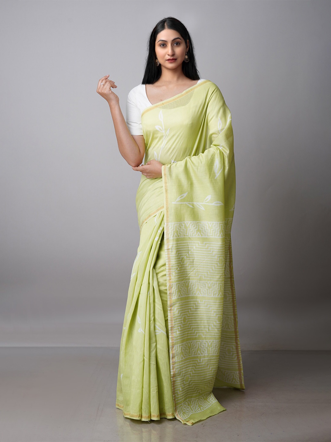 

Unnati Silks Ethnic Motifs Printed Zari Silk Cotton Chanderi Sico Saree, Green