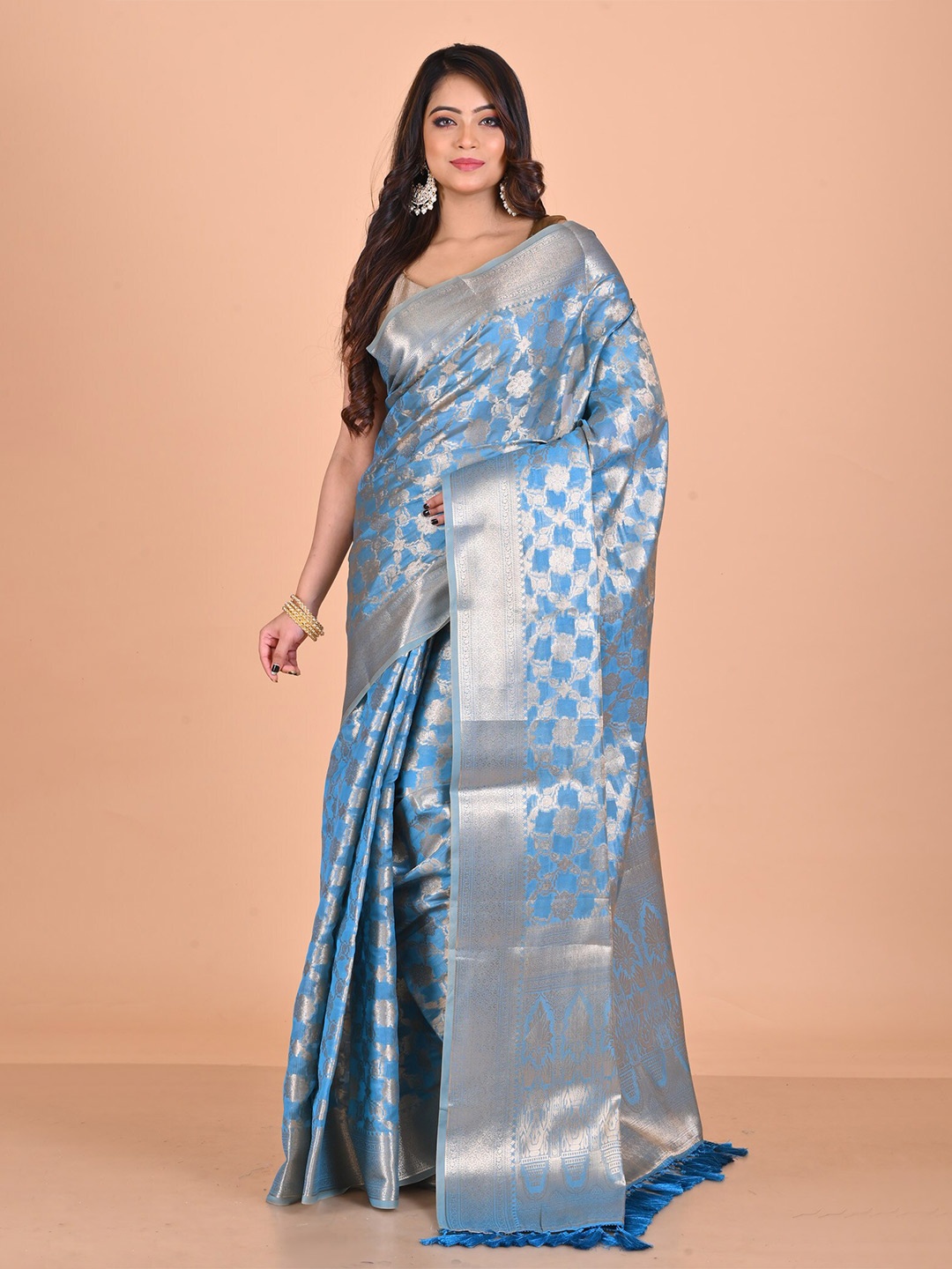 

Unnati Silks Ethnic Motifs Woven Design Zari Banarasi Saree, Blue