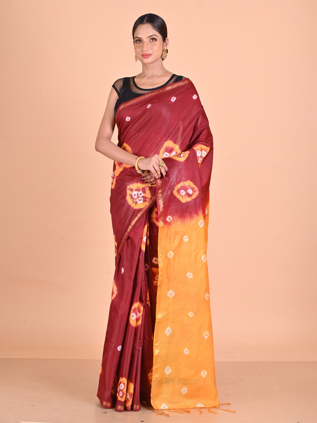 

Unnati Silks Tie and Dye Printed Zari Silk Cotton Chanderi Saree, Red