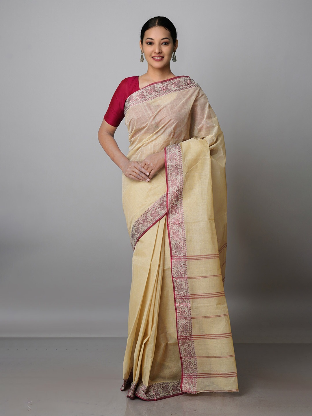 

Unnati Silks Woven Design Border Pure Cotton Taant Saree, Beige