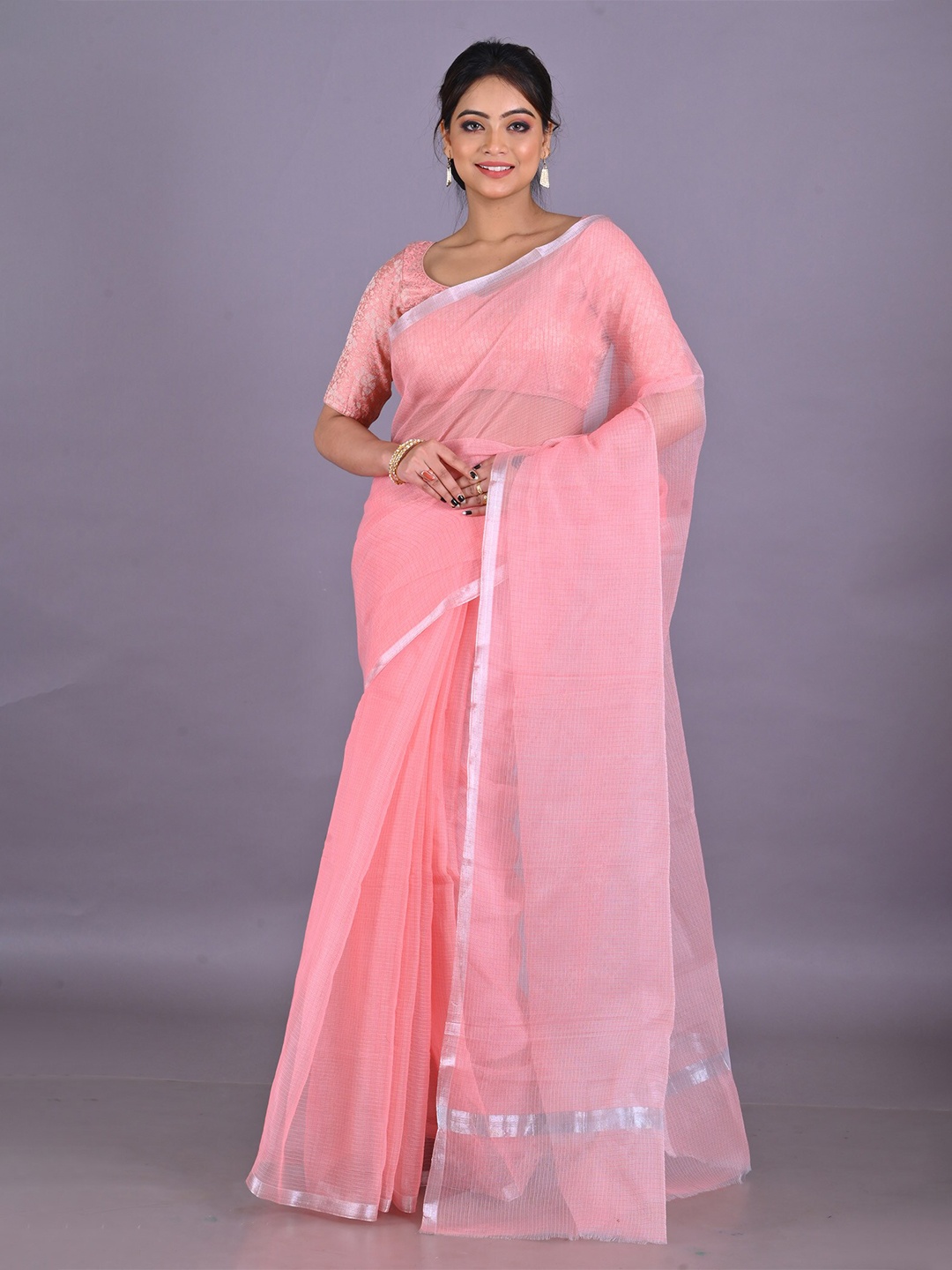 

Unnati Silks Pink & Silver-Toned Woven Design Zari Pure Cotton Kota Saree