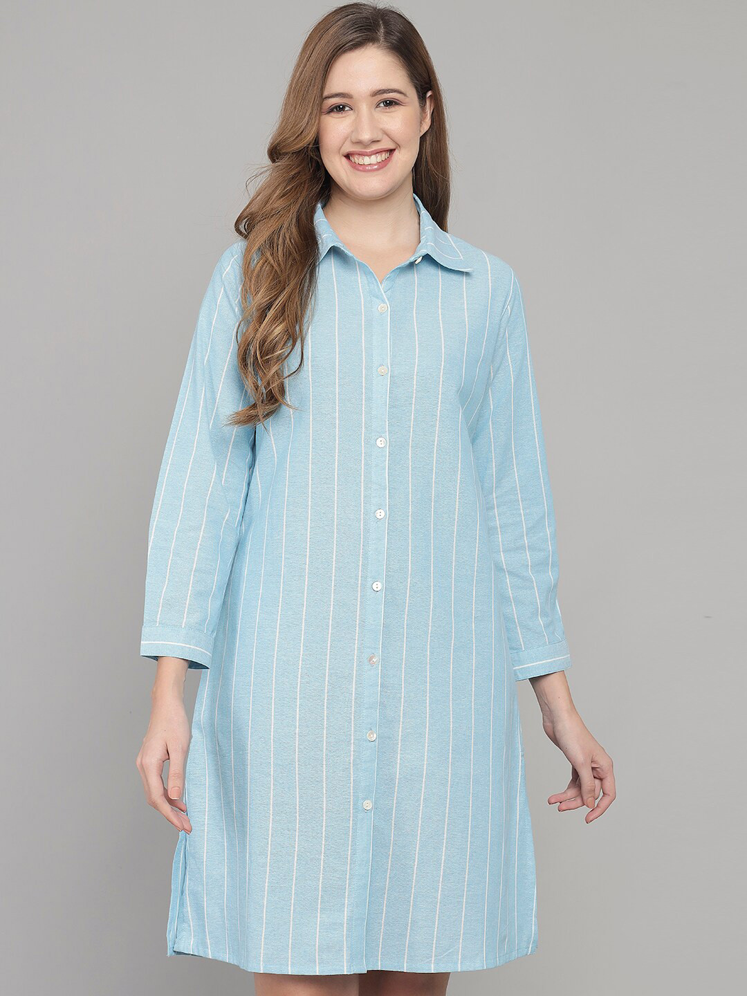 

Shararat Striped Pure Cotton Shirt Nightdress, Blue