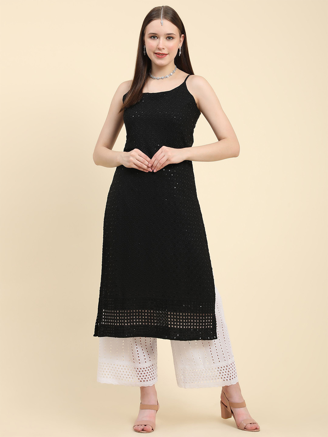 

KALINI Shoulder Straps Floral Embroidered Kurta, Black