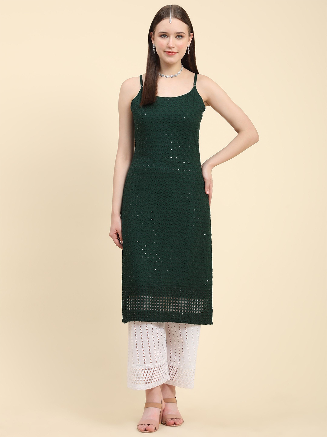 

KALINI Floral Embroidered Sequined Straight Pure Cotton Kurta, Green
