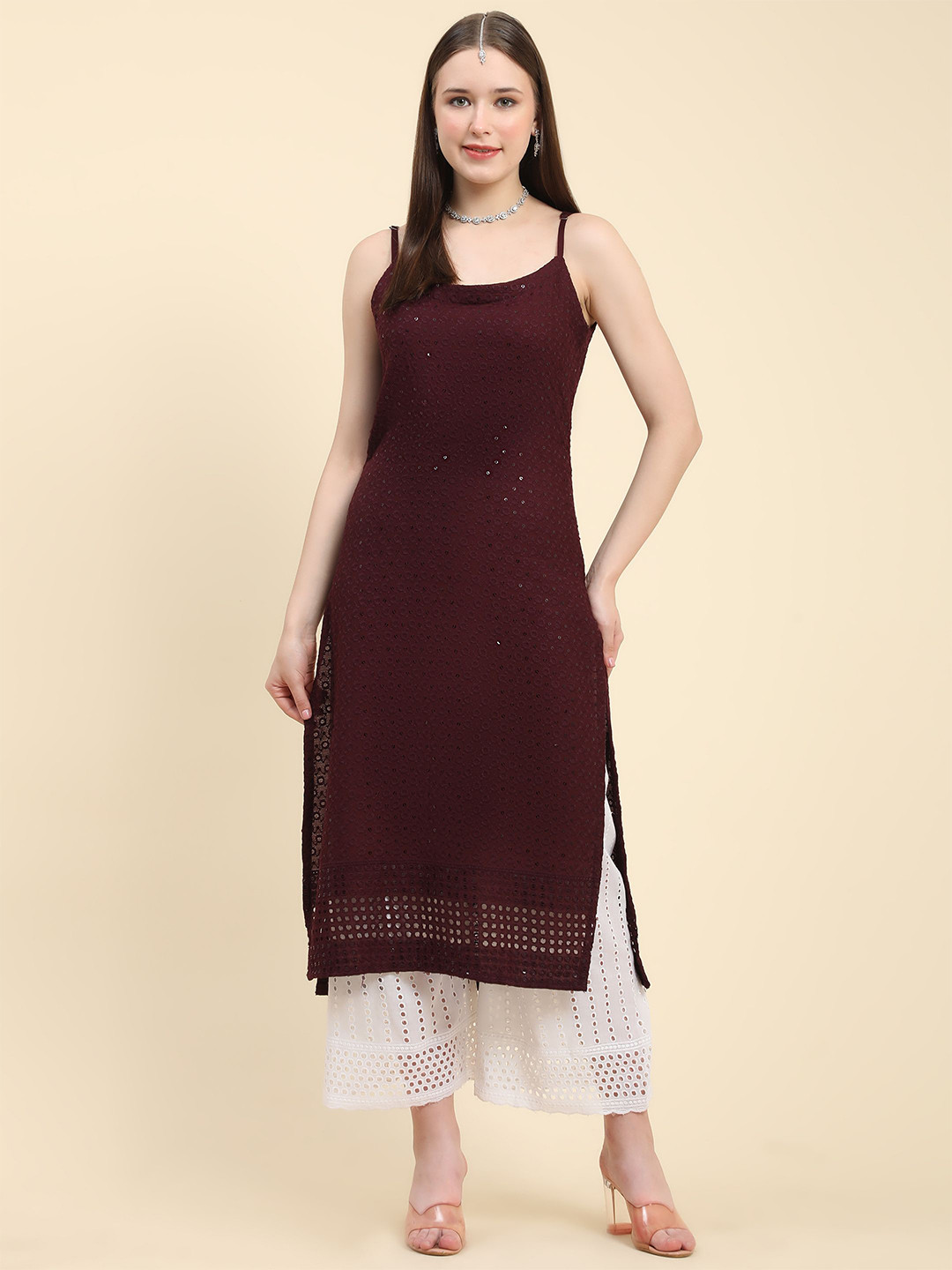 

KALINI Floral Embroidered Sequined Straight Pure Cotton Kurta, Maroon