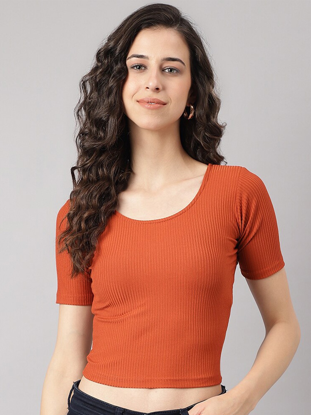 

DUDITI Ribbed Self Design Cotton Slim Fit T-shirt, Orange