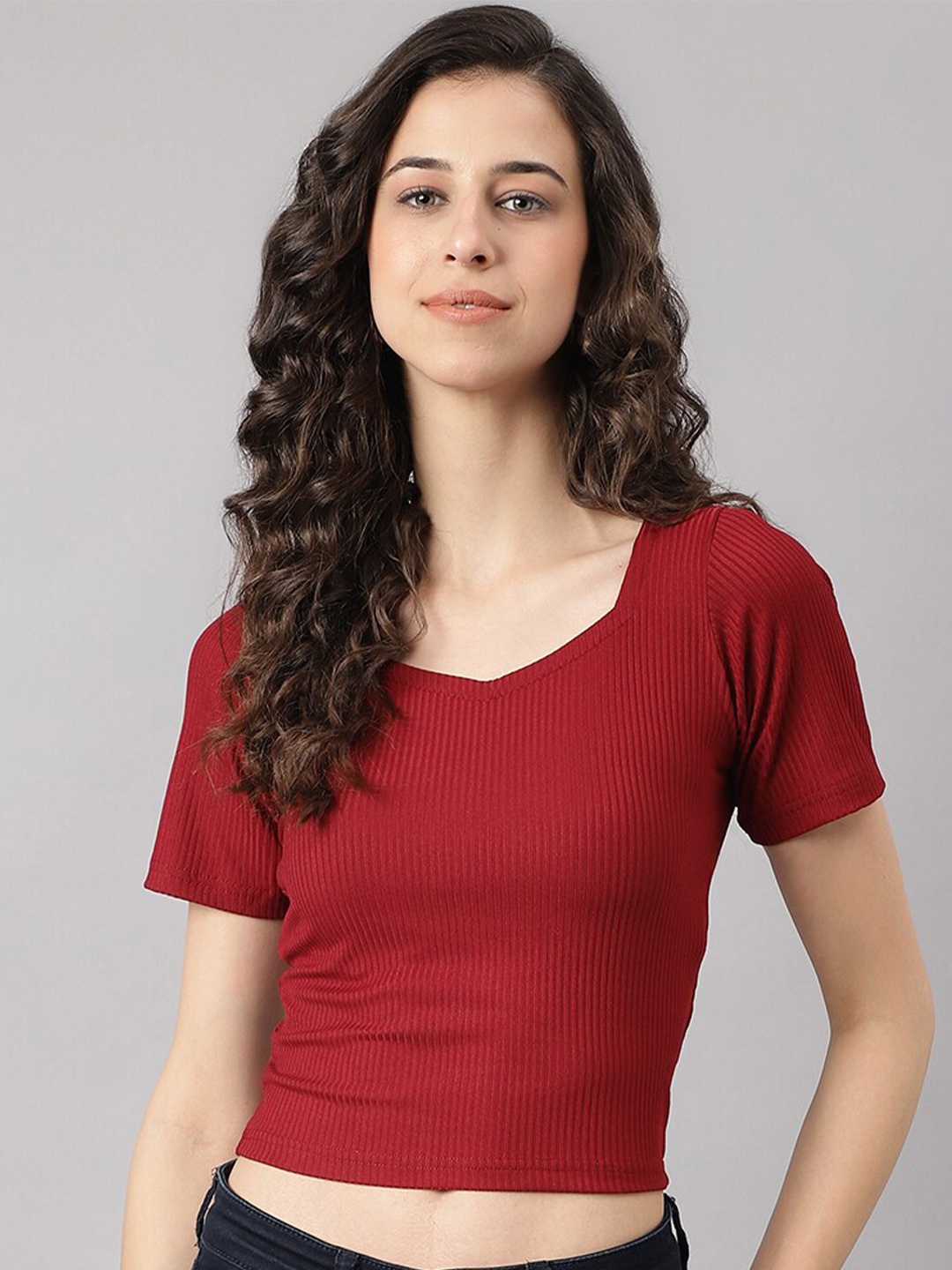 

DUDITI Striped V-Neck Cotton T-shirt, Maroon