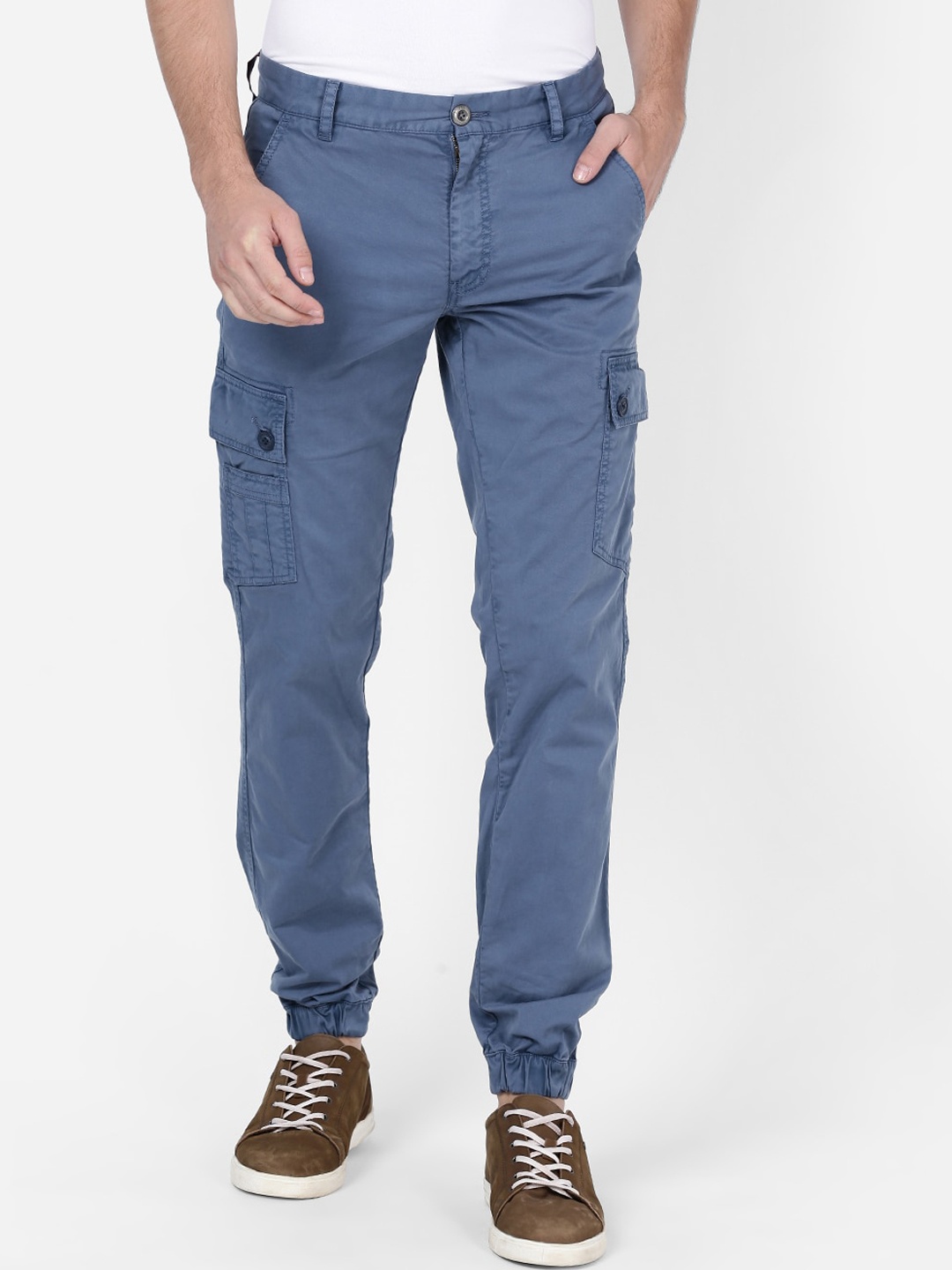 

t-base Men Cotton Slim Fit Mid-Rise Easy Wash Cargos Trousers, Blue