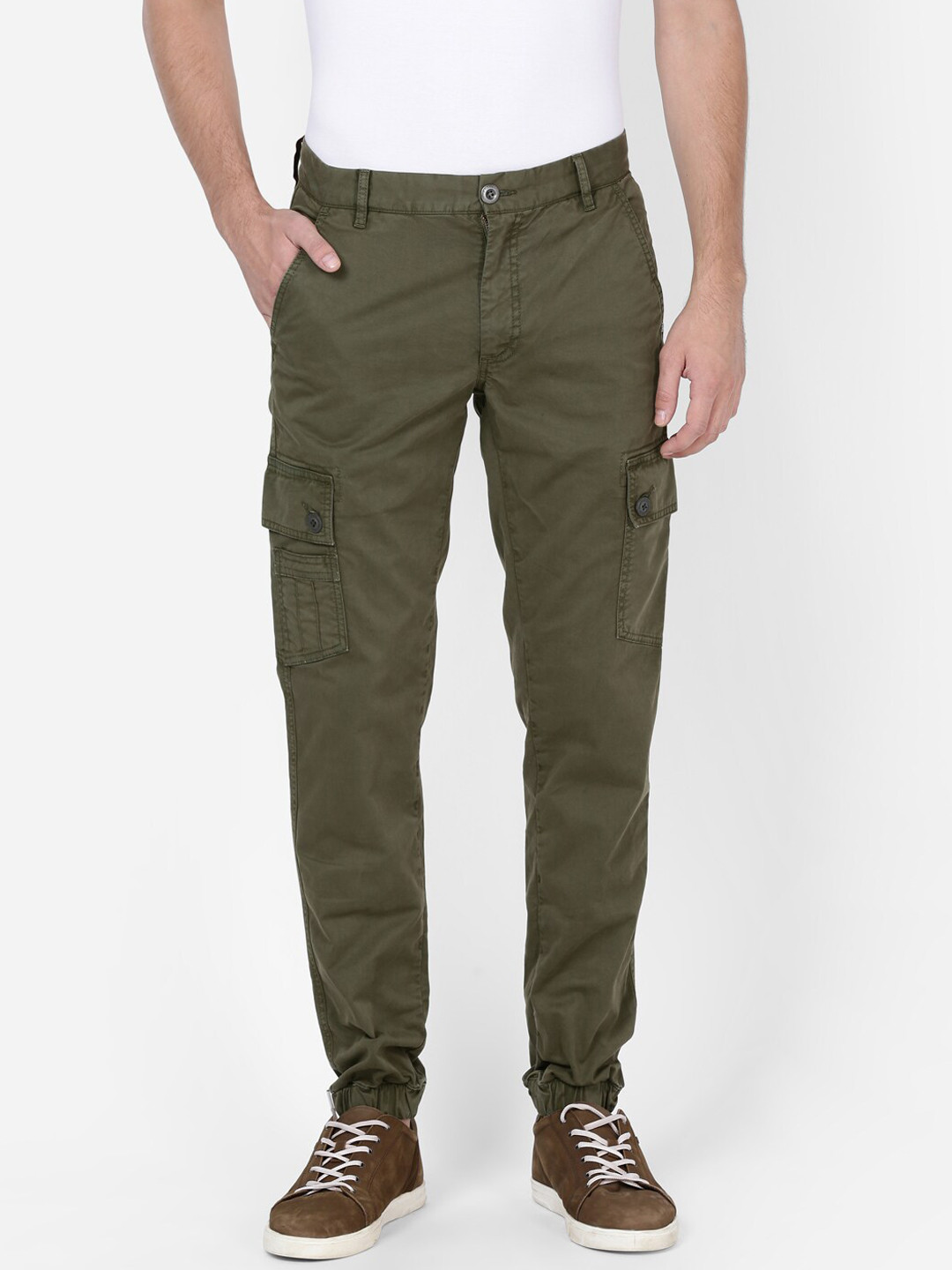 

t-base Men Cotton Slim Fit Easy Wash Cargos, Olive