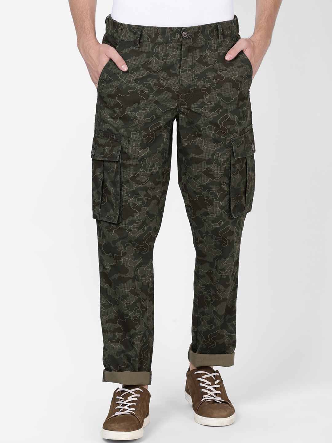 

t-base Men Camouflage Printed Cotton Easy Wash Cargos, Olive