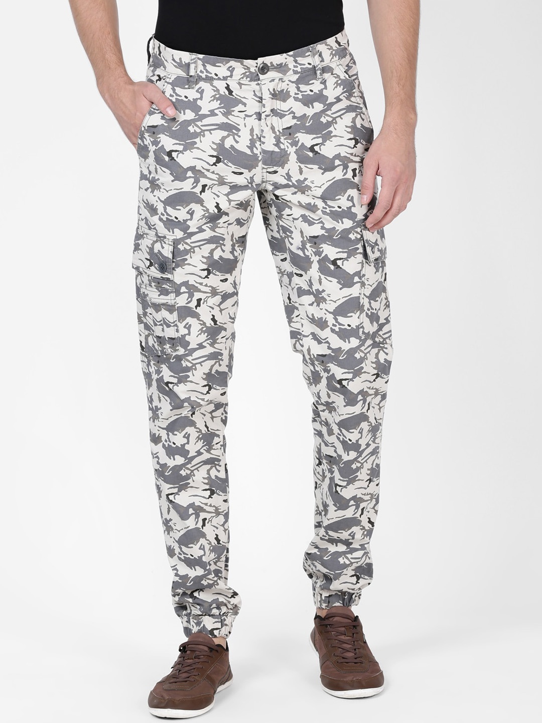 

t-base Men Camouflage Printed Cotton Slim Fit Easy Wash Trousers, White