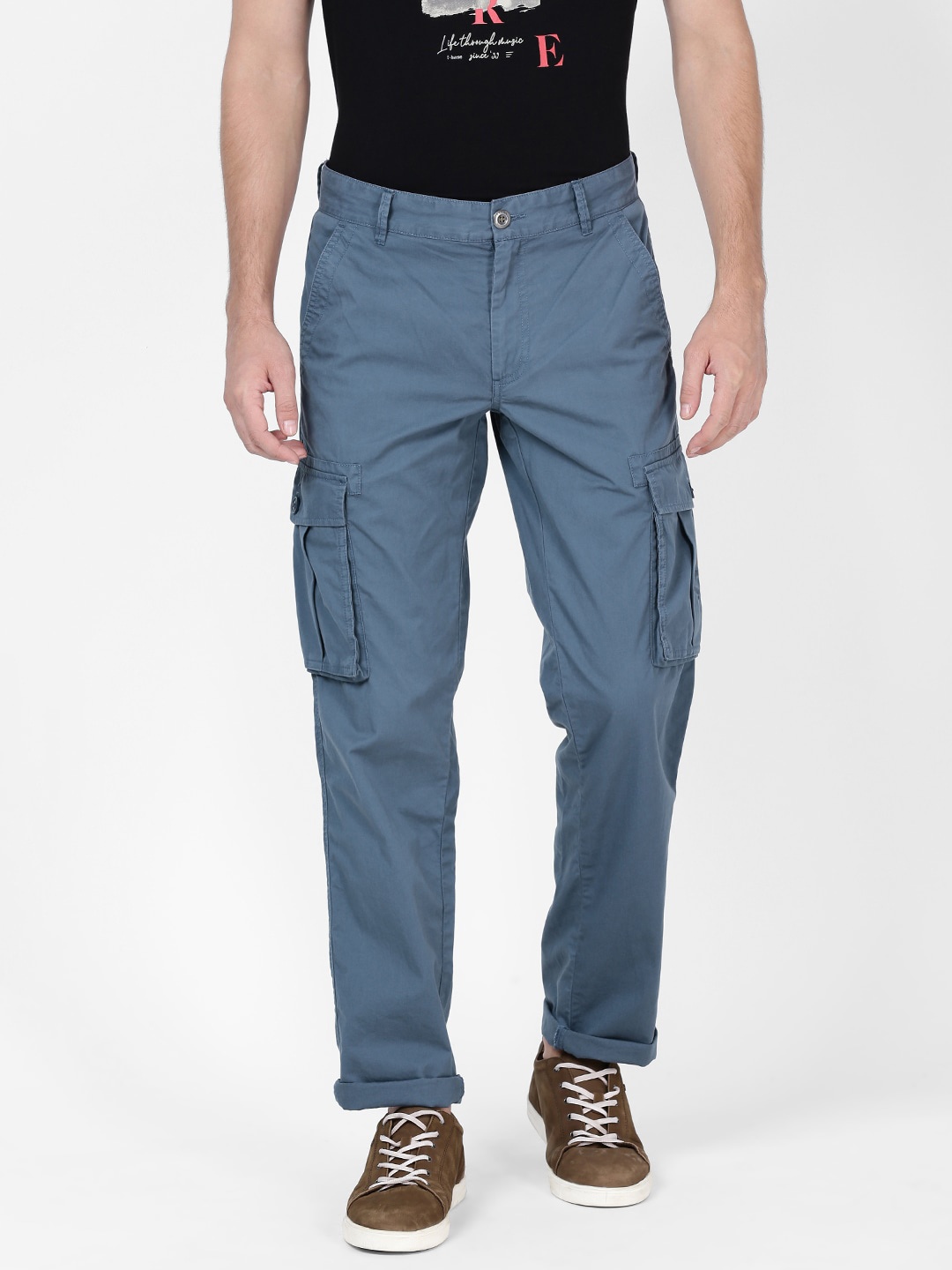 

t-base Men Cotton Easy Wash Regular Fit Mid-Rise Cargos Trousers, Blue