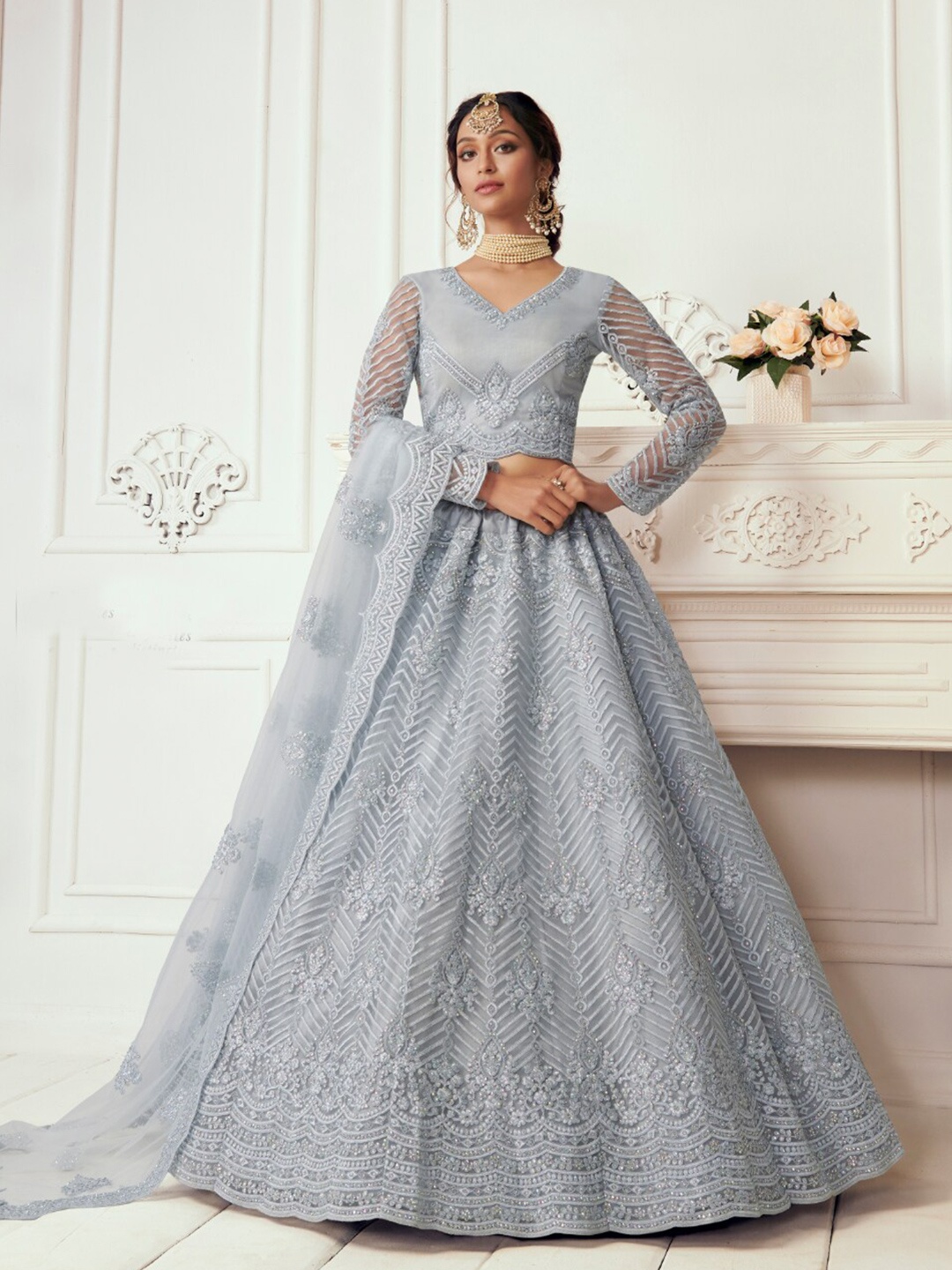

Angroop Thread Work Semi-Stitched Lehenga & Unstitched Blouse With Dupatta, Silver