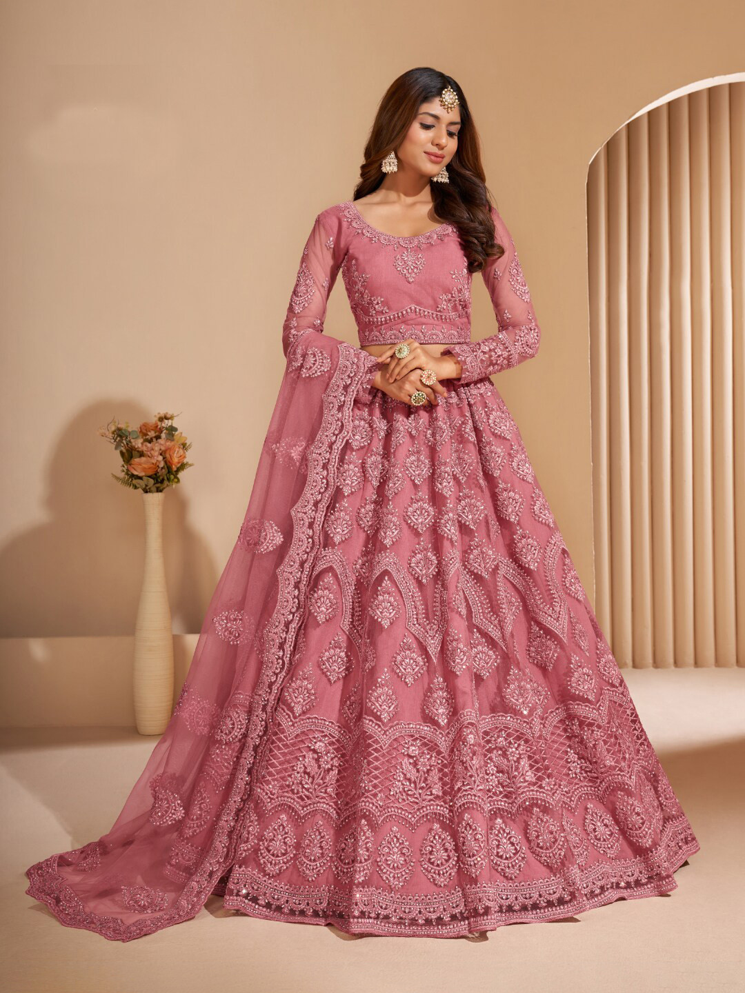 

Angroop Thread Work Semi-Stitched Lehenga & Unstitched Blouse With Dupatta, Pink