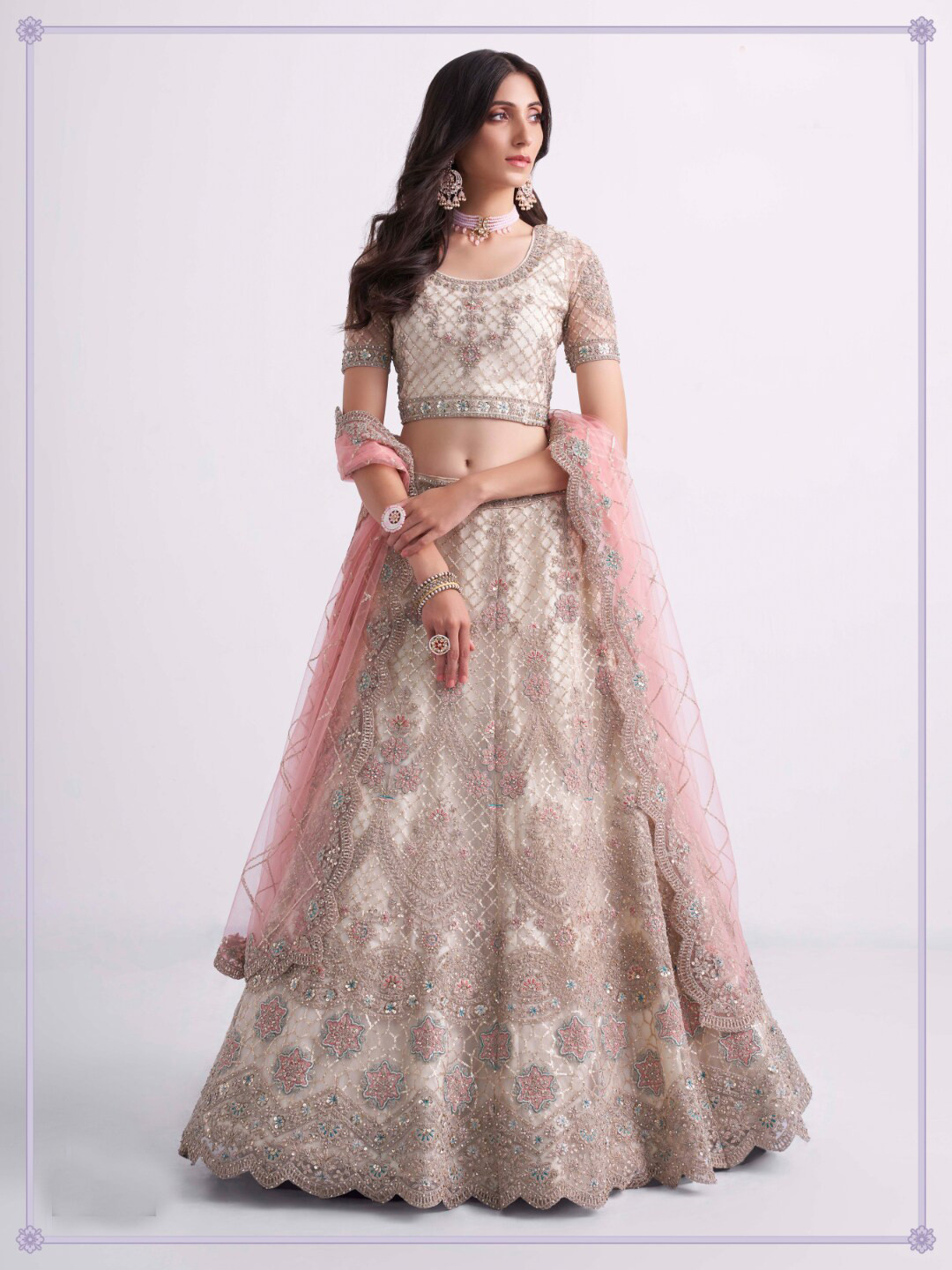 

Angroop Thread Work Semi-Stitched Lehenga & Unstitched Blouse With Dupatta, Peach