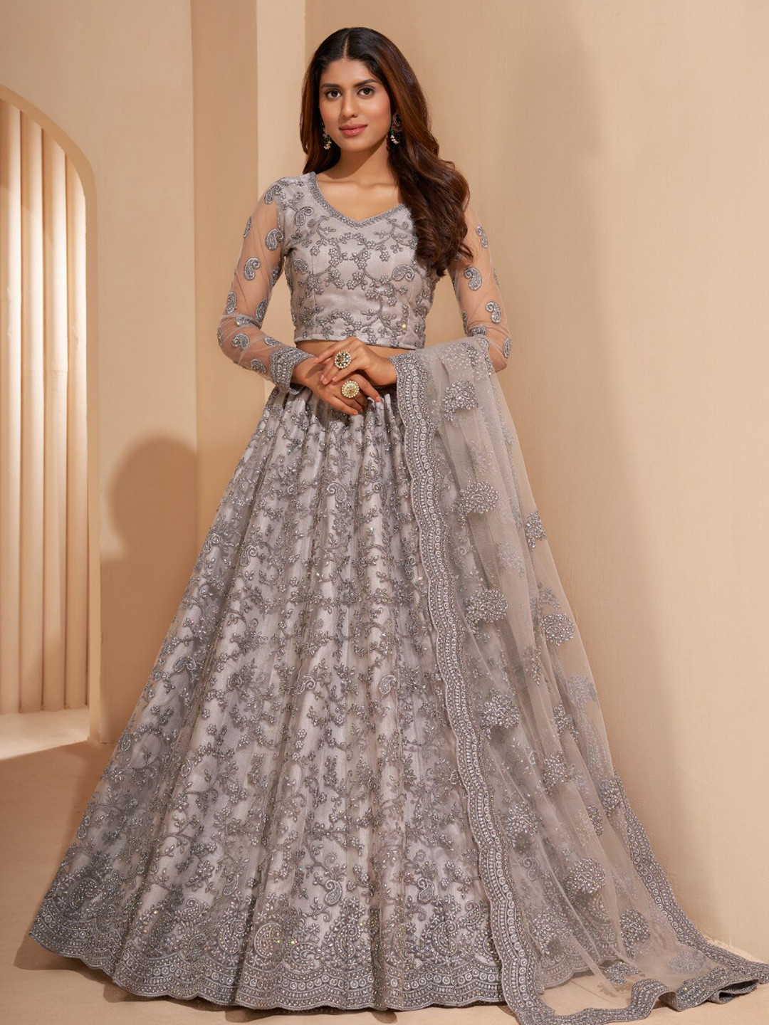 

Angroop Thread Work Semi-Stitched Lehenga & Unstitched Blouse With Dupatta, Grey
