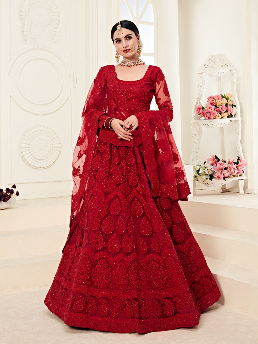 

Angroop Thread Work Semi-Stitched Lehenga & Unstitched Blouse With Dupatta, Red