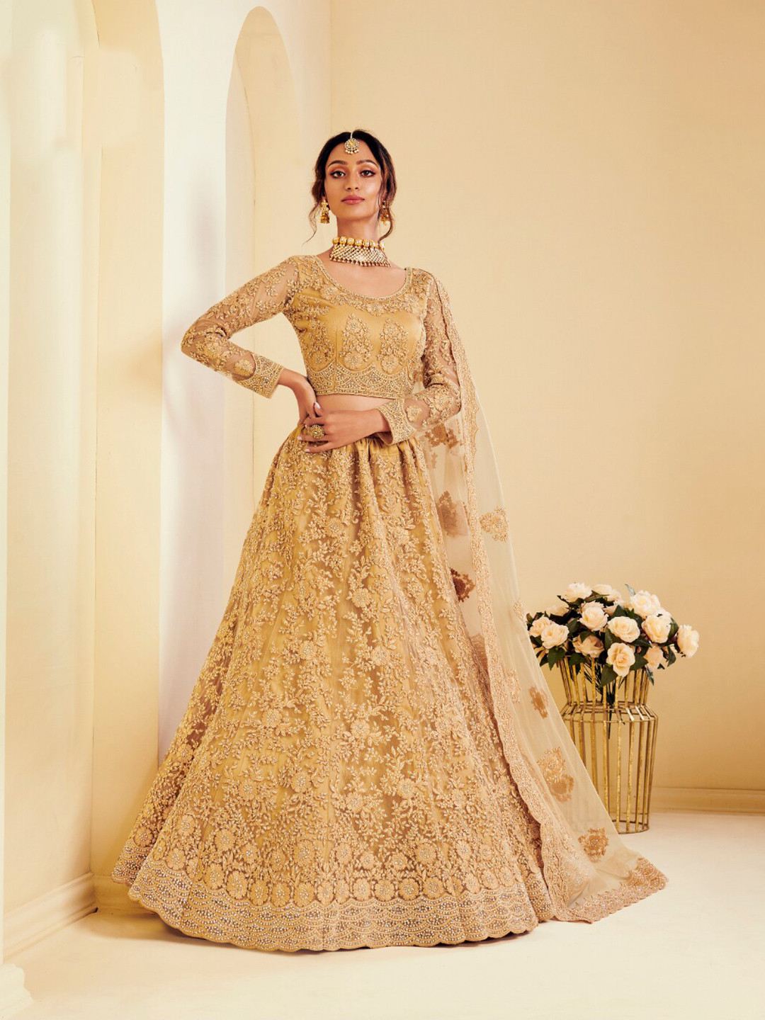 

Angroop Thread Work Semi-Stitched Lehenga & Unstitched Blouse With Dupatta, Gold