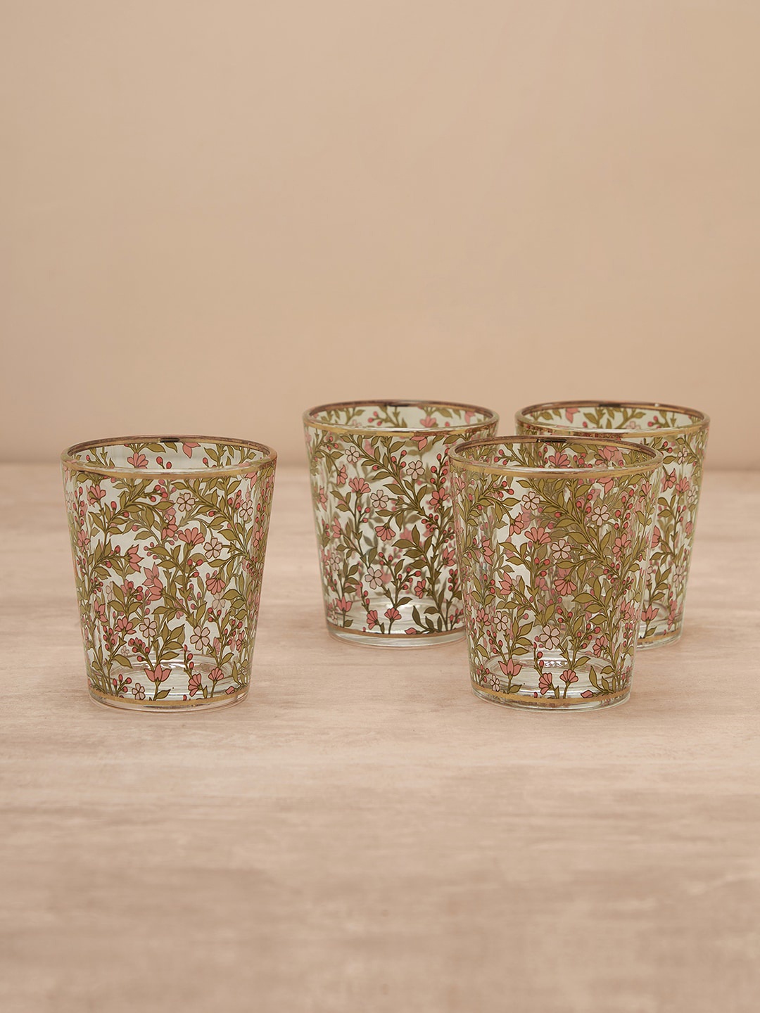 

Pure Home and Living Pink & Green 4 Pieces Floral Patterned Real Gold Rim Glass Tumblers