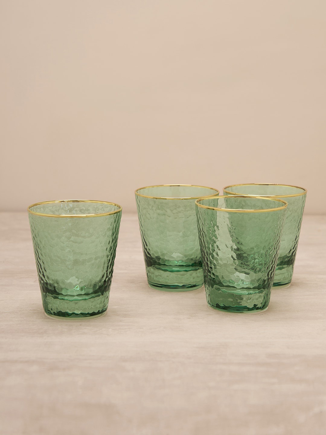 

Pure Home and Living Green 4 Pieces Hammered Real Gold Rim Glass Tumblers