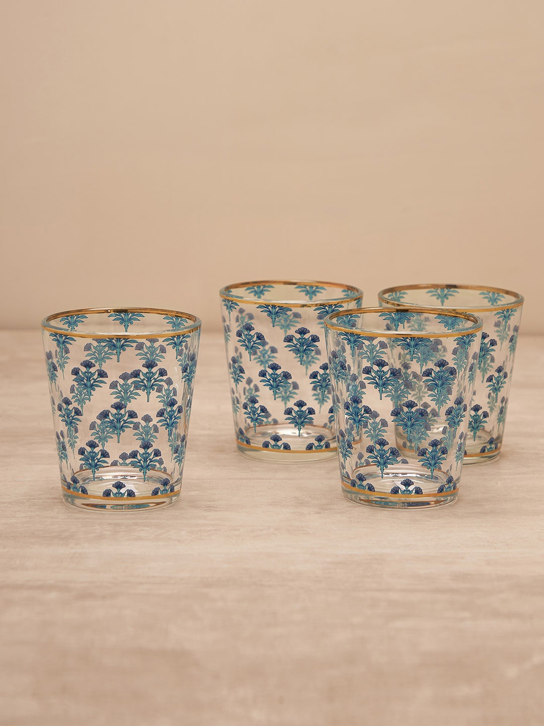 

Pure Home and Living Blue 4 Pieces Floral Pattern Real Gold Rim Glass Tumblers