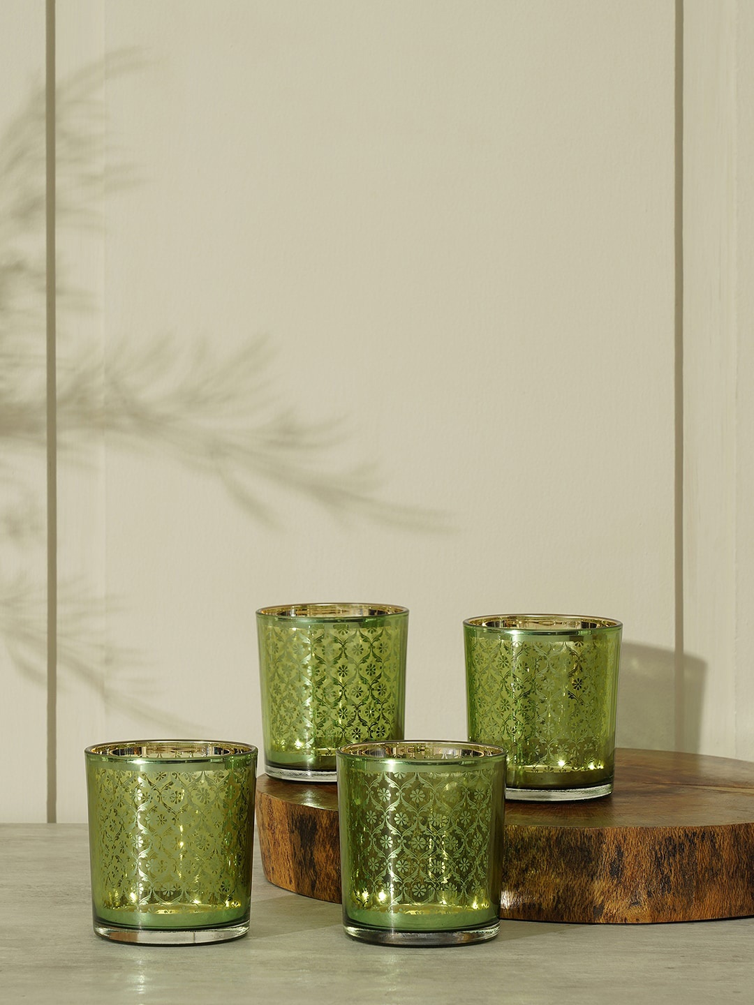 

Pure Home and Living Green & Gold toned 4 Pieces Textured Glass Votive Candle Holder