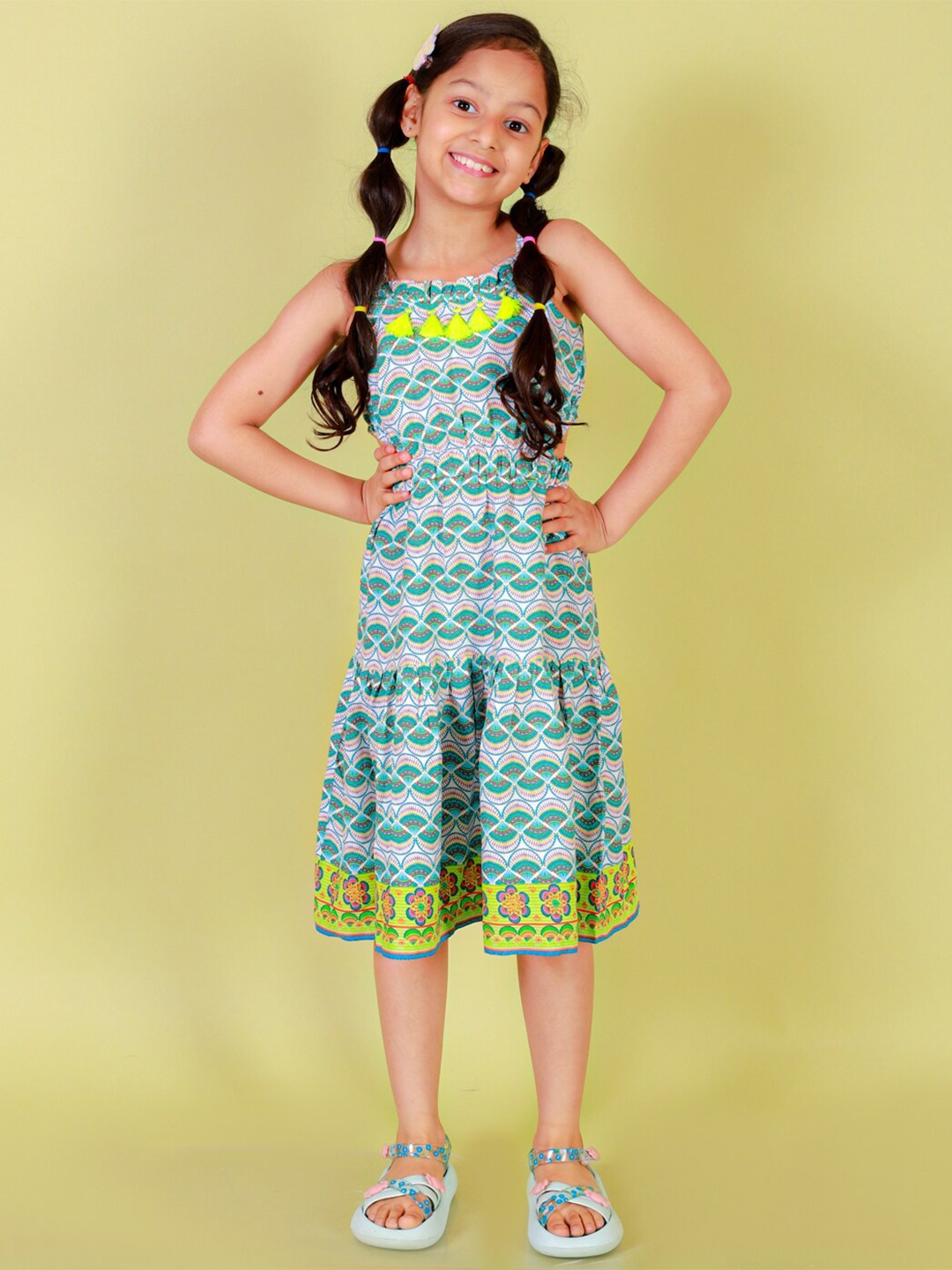 

LIL DRAMA Girls Ethnic Motifs Printed A-Line Midi Dress, Green