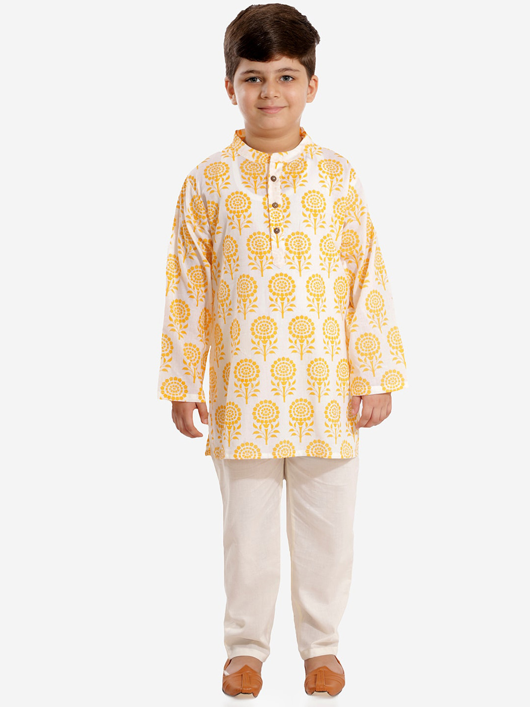 

LIL DRAMA Boys Ethnic Motifs Printed Cotton Kurta, Yellow