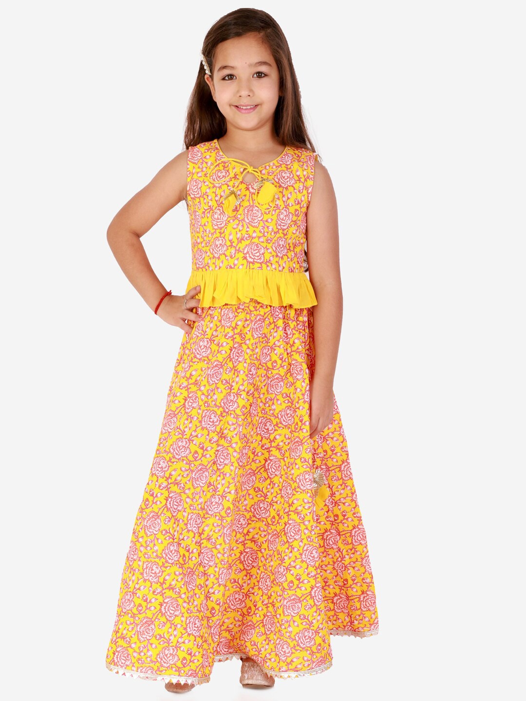 

LIL DRAMA Girls Orange & Yellow Printed Ready to Wear Lehenga & Choli