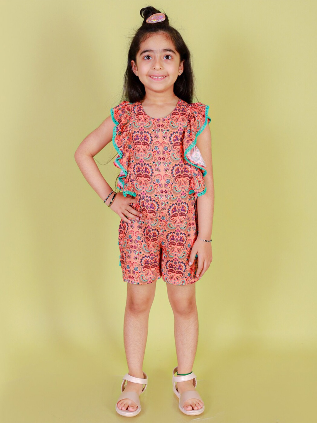 

LIL DRAMA Girls Printed Playsuit, Peach