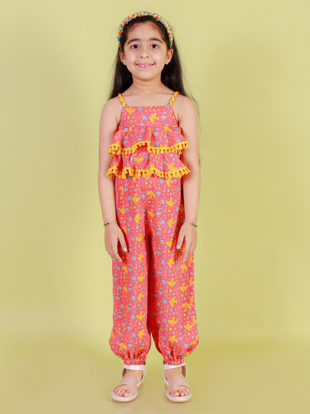 

LIL DRAMA Girls Printed Basic Jumpsuit, Peach