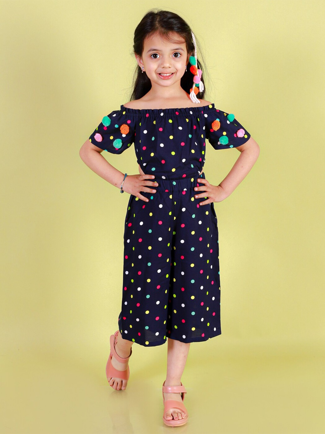 

LIL DRAMA Girls Off-Shoulder Printed Capri Jumpsuit, Navy blue