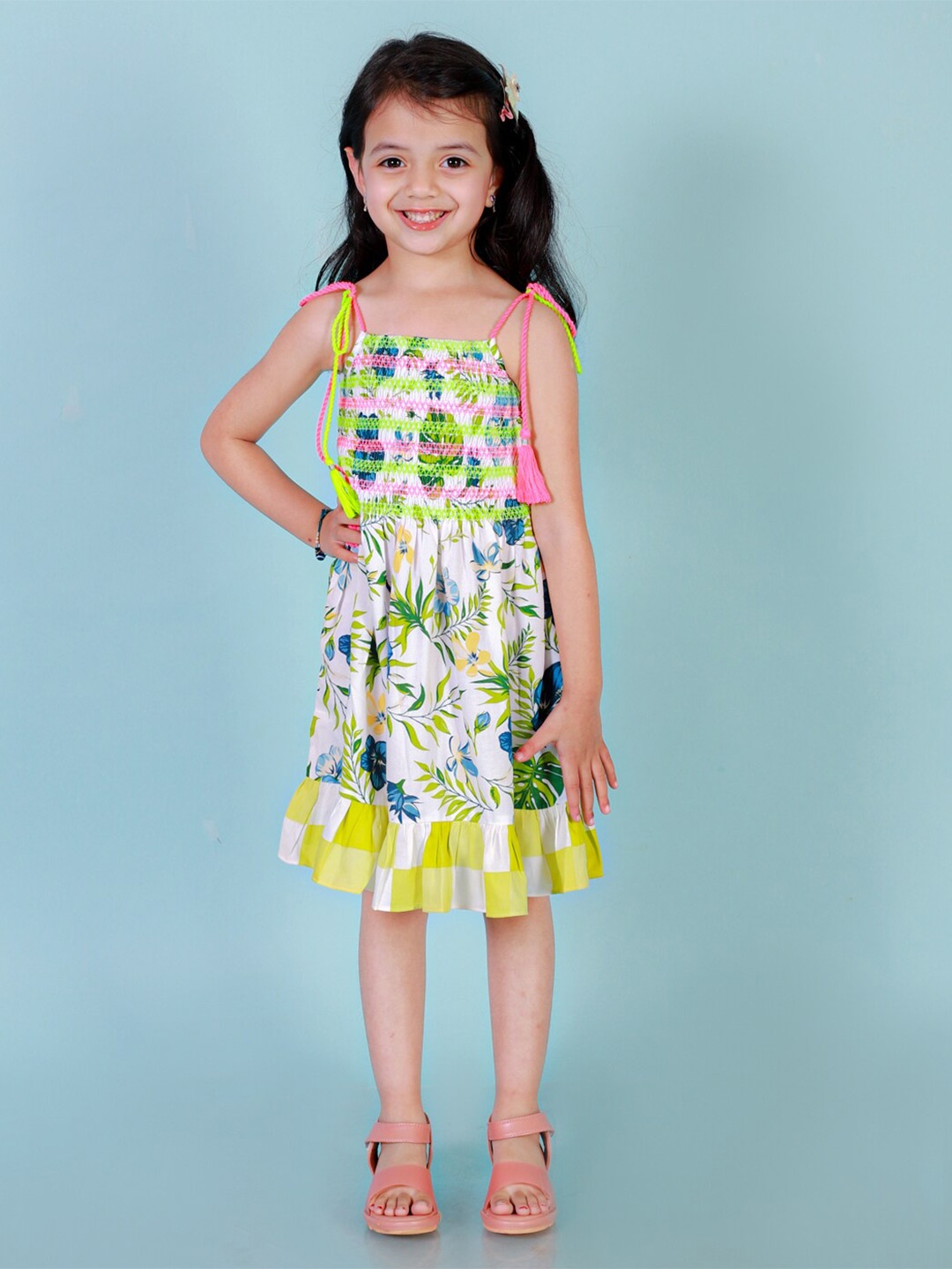 

LIL DRAMA Girls Floral Printed Shoulder Straps Fit and Flare Dress, White