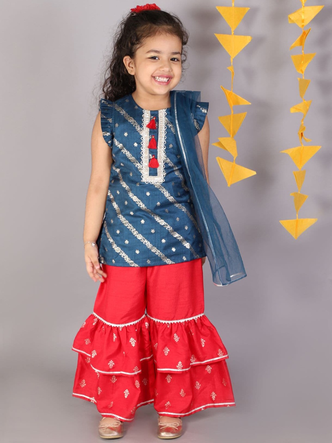 

LIL DRAMA Girls Ethnic Motifs Woven Design Gotta Patti Kurta with Sharara & Dupatta, Blue