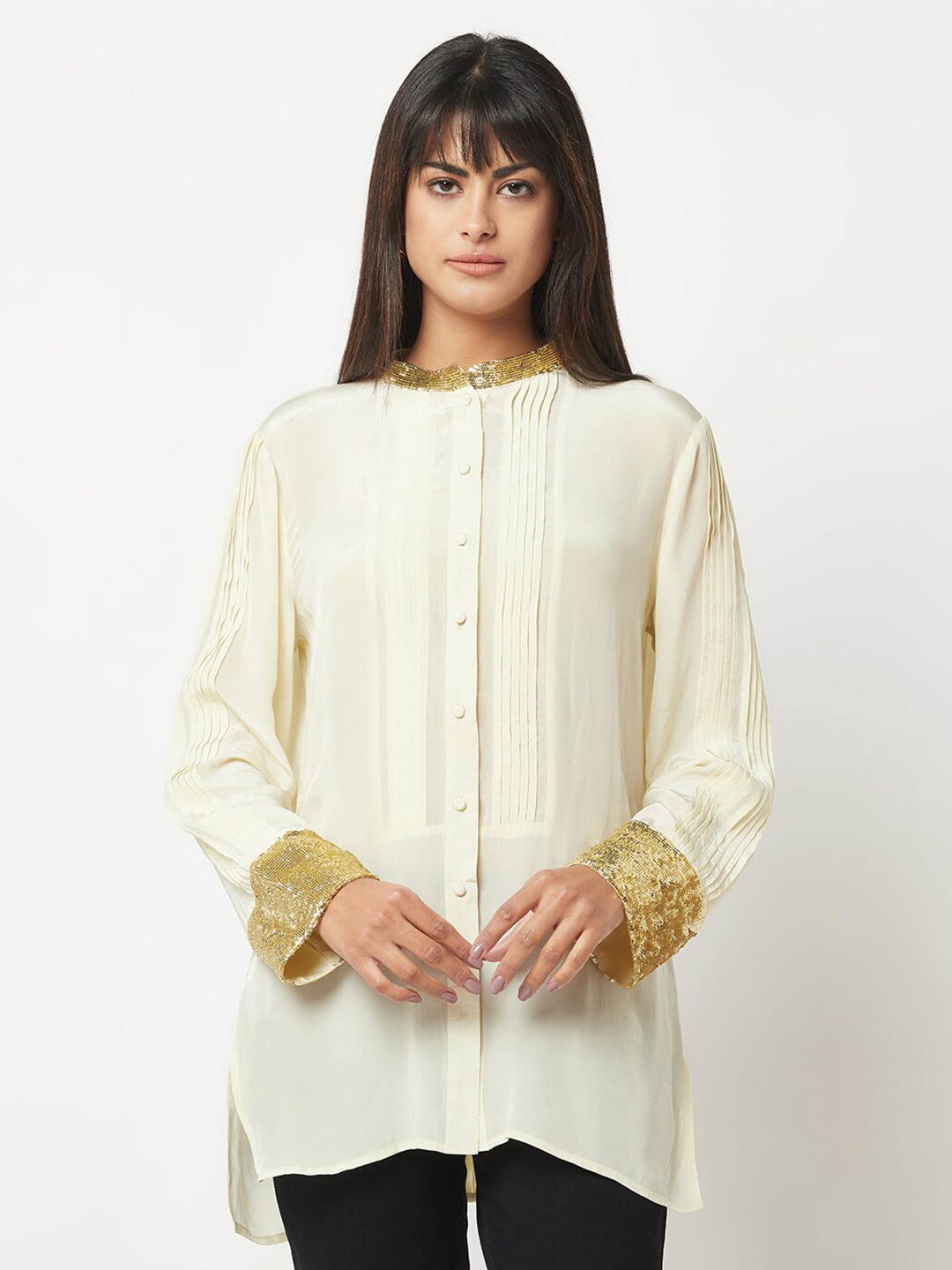 

HOUSE OF S Mandarin Collar Sequins Silk Casual Shirt, Cream