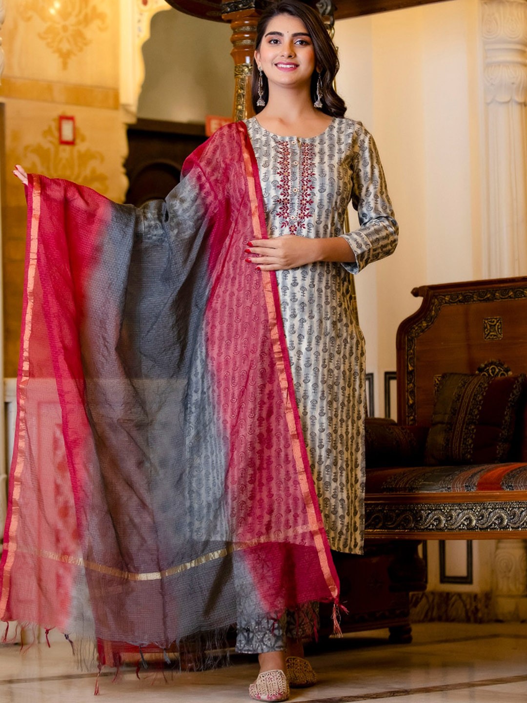 

KALINI Floral Printed Thread Work Kurta With Trousers & Dupatta, Grey