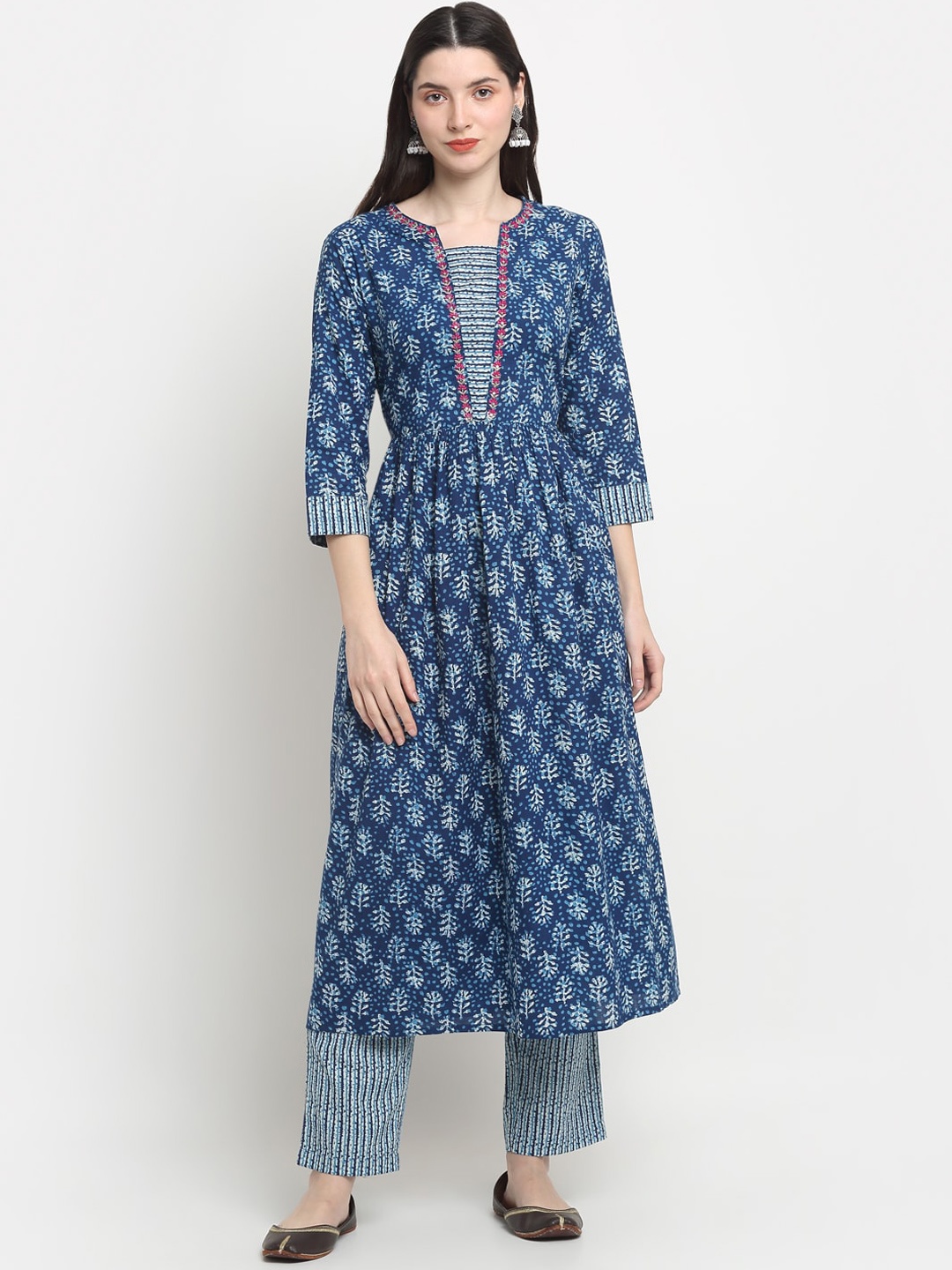 

KALINI Floral Printed Pleated Thread Work Anarkali Pure Cotton Kurta with Trousers, Navy blue