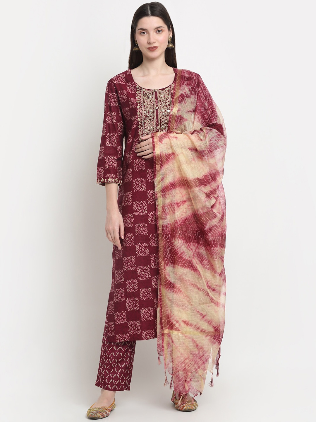 

KALINI Ethnic Motifs Printed Sequined Straight Kurta with Trousers & Dupatta, Maroon