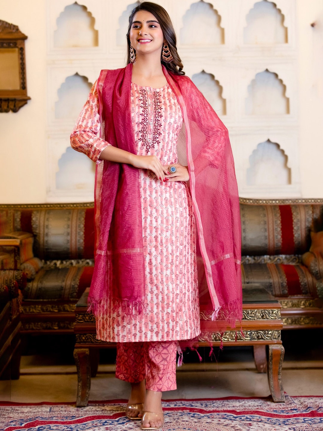 

KALINI Floral Printed Thread Work Sequined Kurta with Trousers & Dupatta, Peach