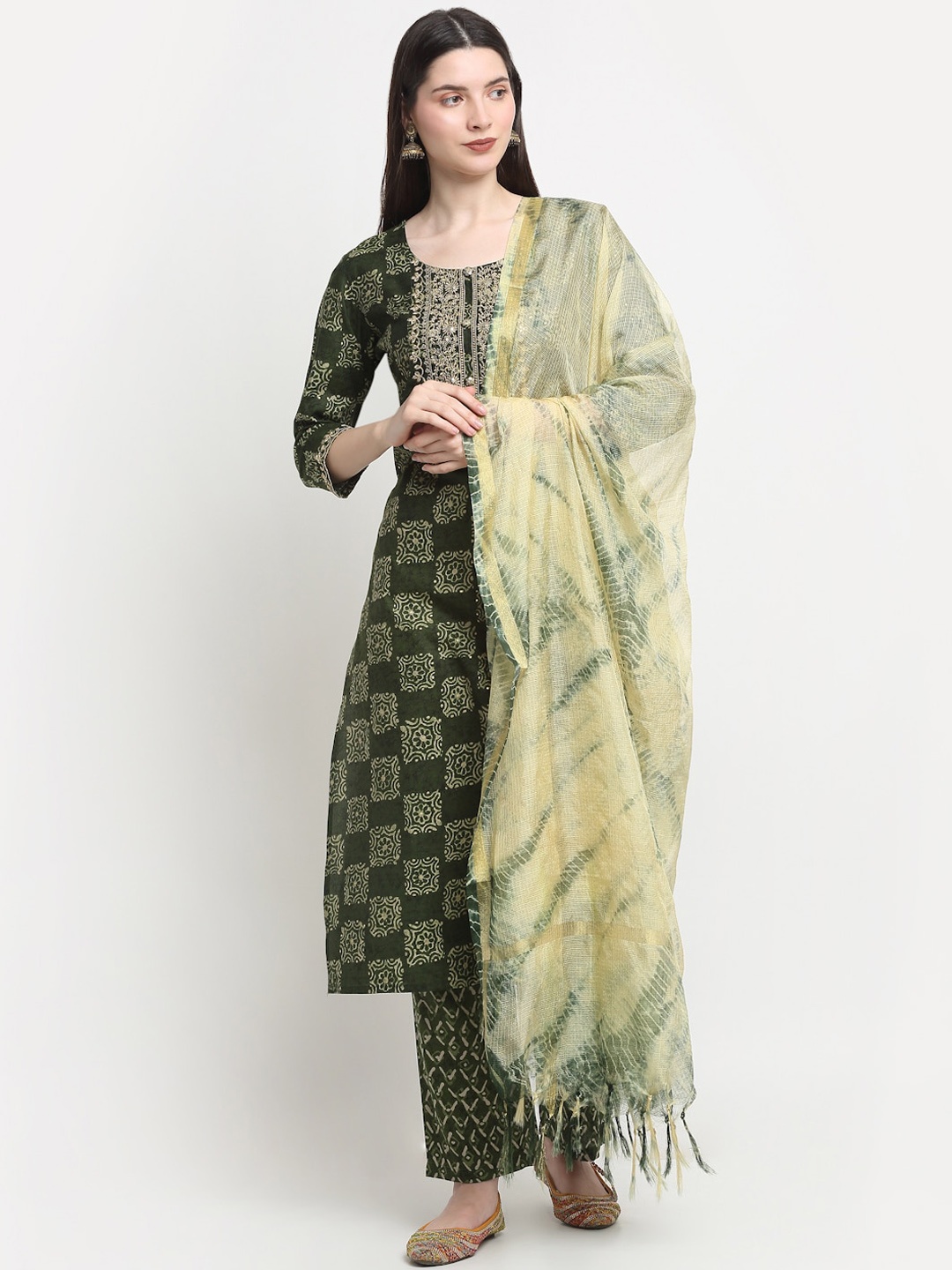 

KALINI Ethnic Motif Printed Thread Work Kurta with Trousers & Dupatta, Green