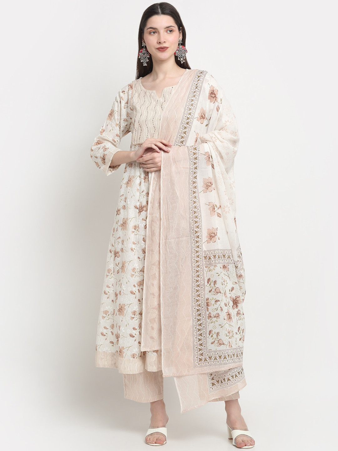 

KALINI Printed Notch Neck Sequinned Pure Cotton Anarkali Kurta with Trousers & Dupatta, Off white