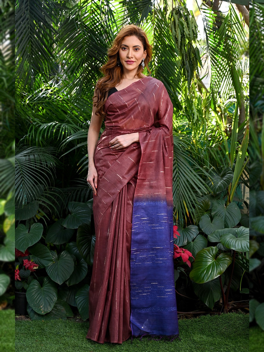 

BEATITUDE Striped Kota Saree, Brown