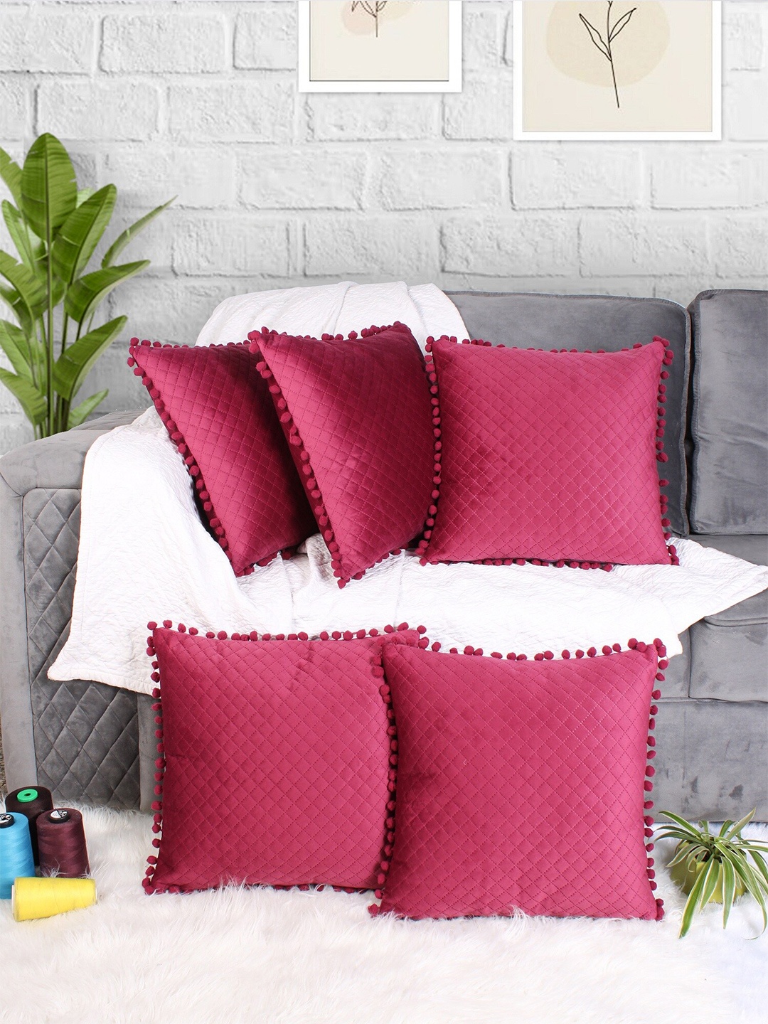 

STITCHNEST Maroon 5 Pieces Quilted Velvet Square Pom Pom Cushion Covers