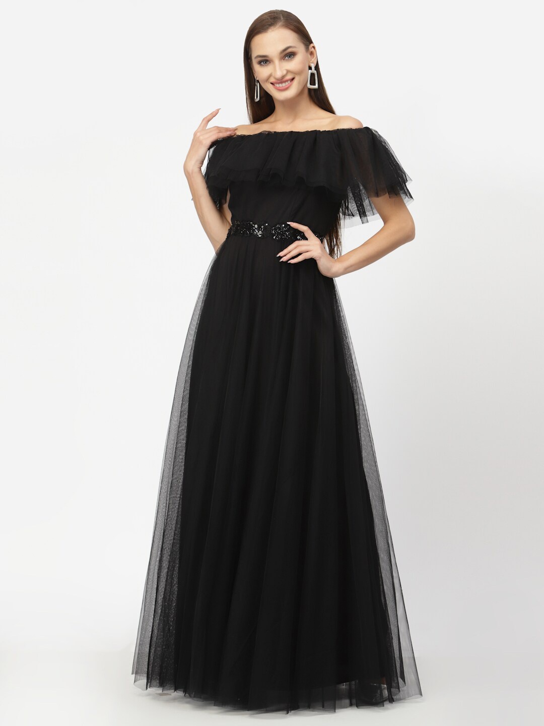

Just Wow Sequinned Off-Shoulder Net Maxi Dress, Black