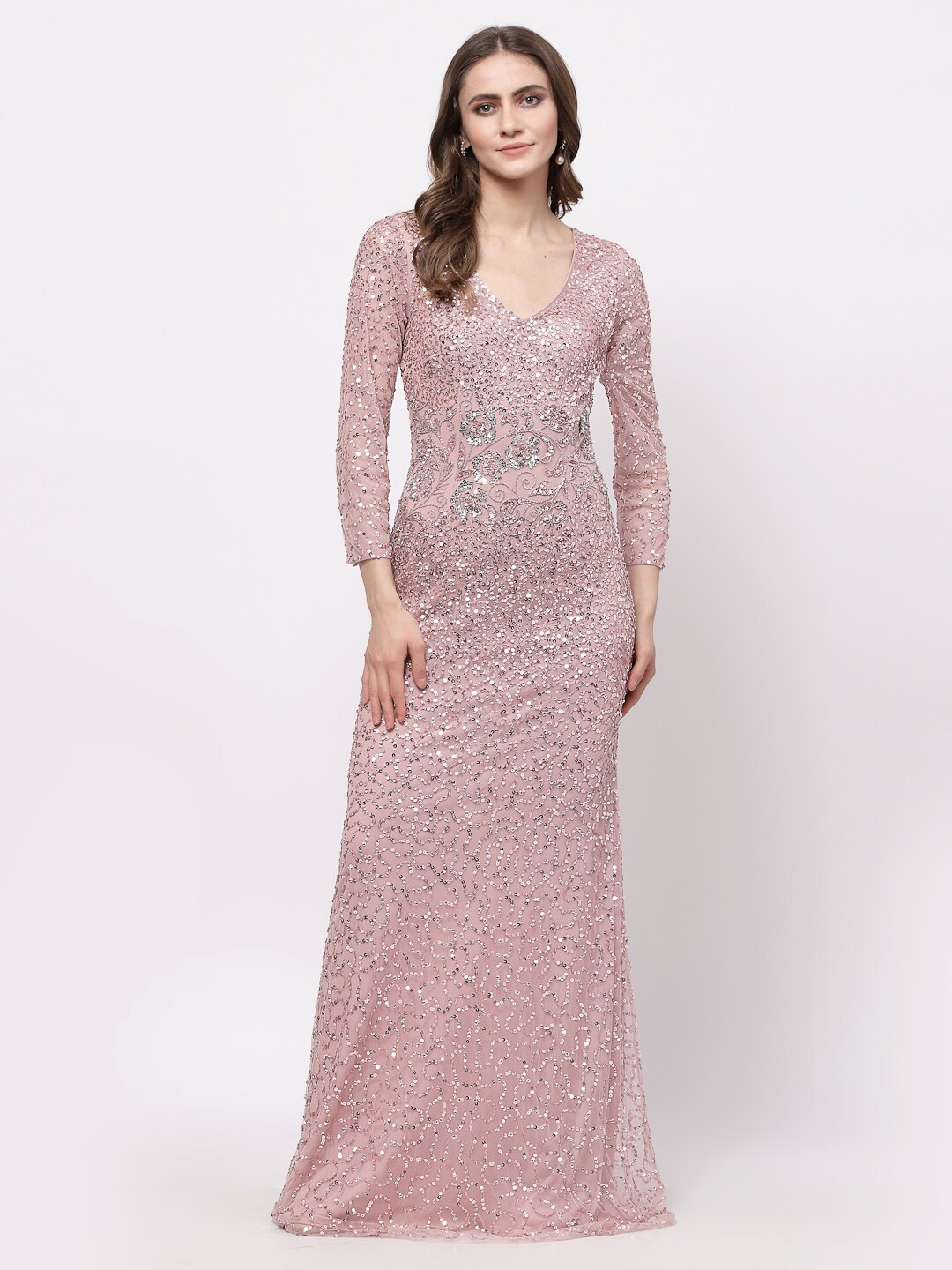 

Just Wow Embellished Sequined Long Sleeve Maxi Dress, Pink