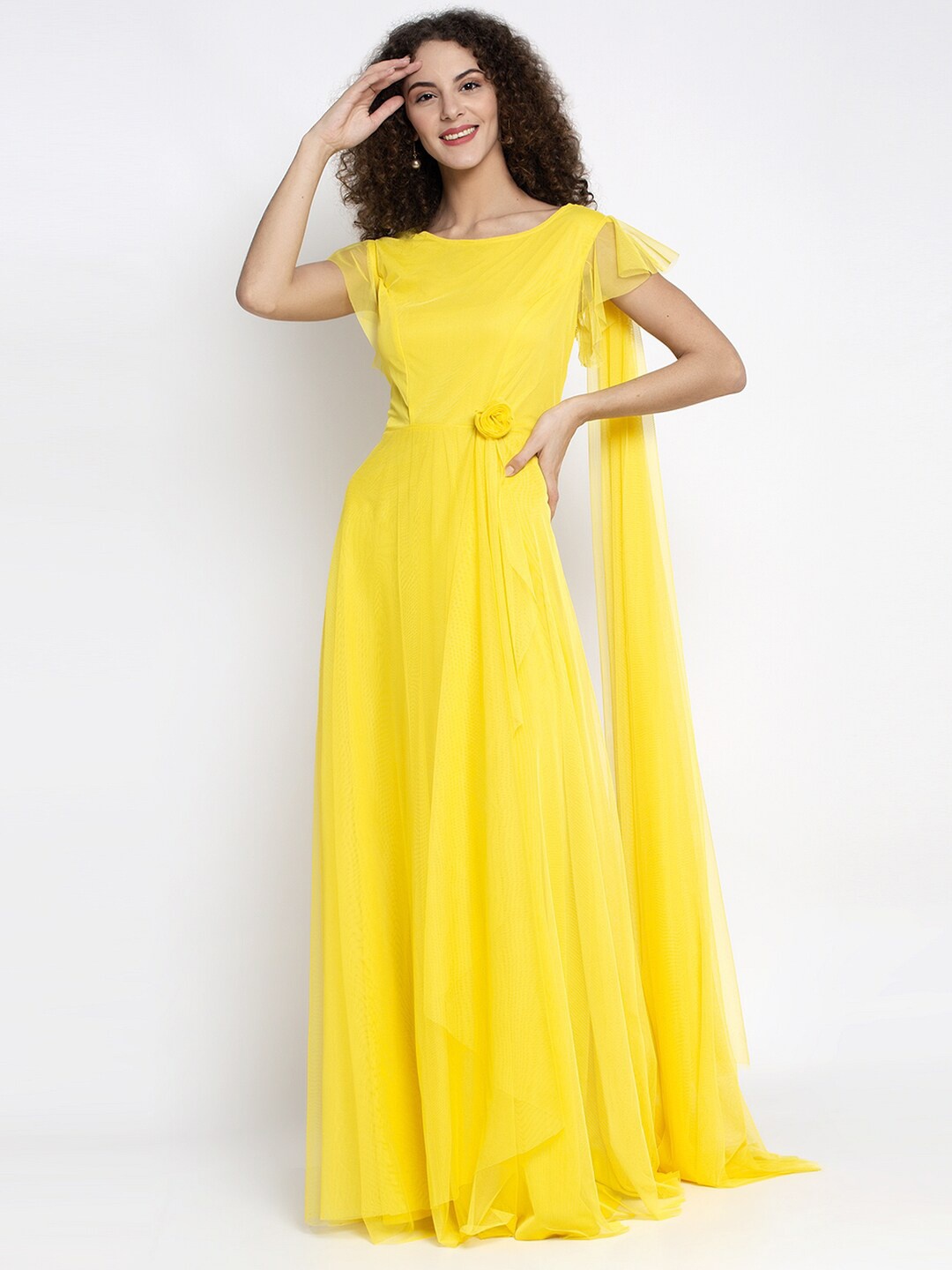 

Just Wow Layered Flutter Sleeve Drape Net Fit & Flare Maxi Dress, Yellow