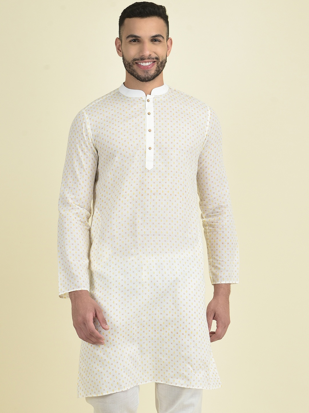 

DEYANN Mandarin Collar Ethnic Motifs Printed Straight Cotton Kurta, Off white