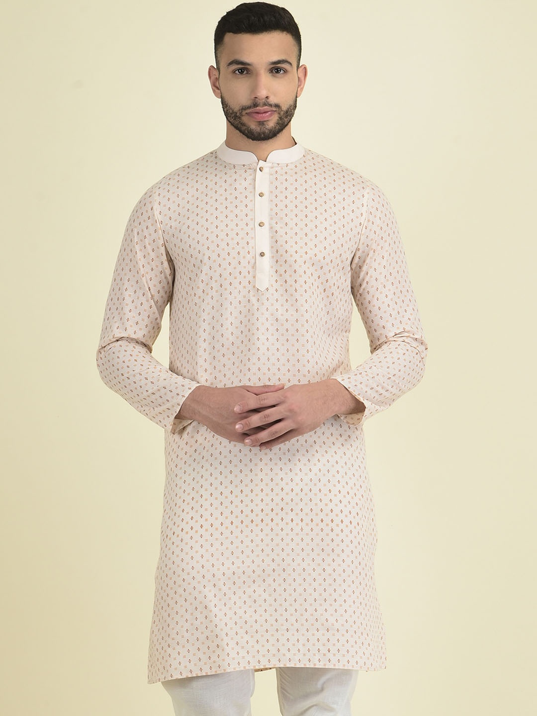

DEYANN Ethnic Motifs Printed Straight Pure Cotton Kurta, Off white