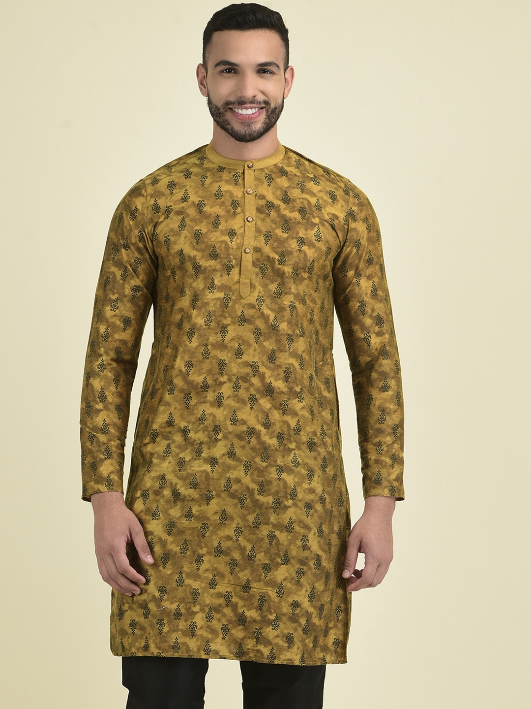

DEYANN Ethnic Motifs Printed Mandarin Collar Pure Cotton Kurta, Yellow