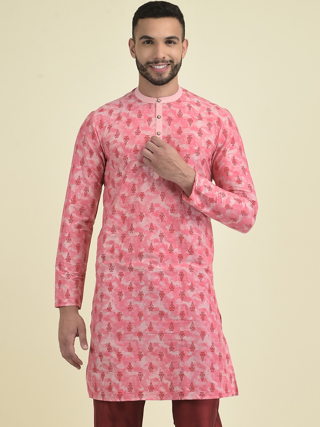 

DEYANN Ethnic Motif Printed Mandarin Collar Pure Cotton Kurta, Peach